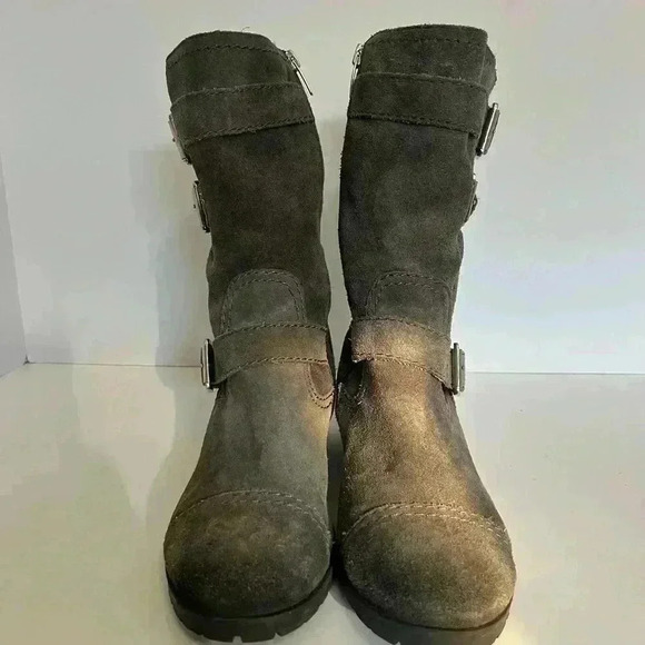 Mark Fisher Boots Women’s 8 Grey Suede Double Buckle Zipper Moto - Picture 2 of 13